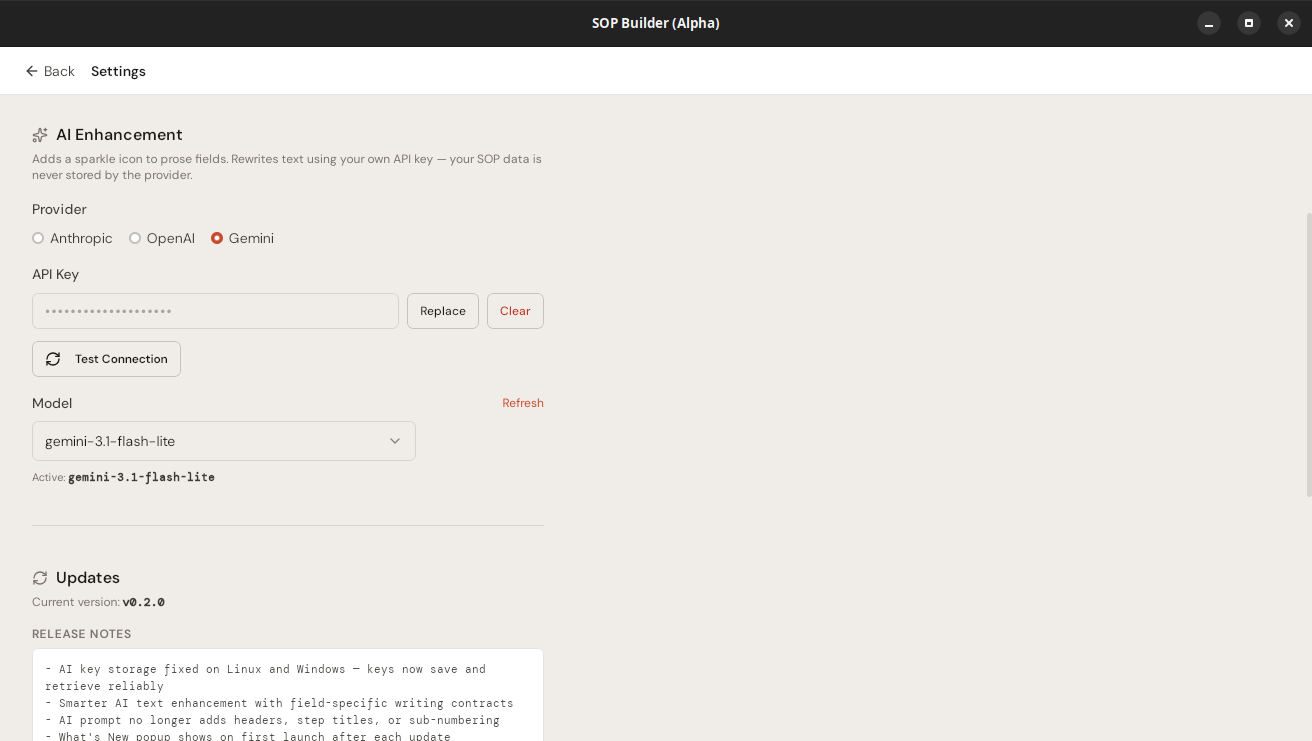 AI Settings — provider and model